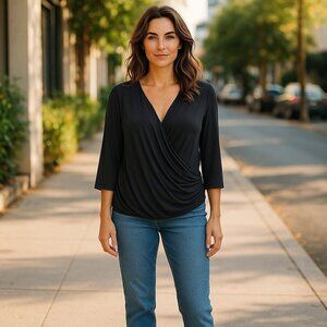 TAHARI SZ SMALL V-neck Beautiful Draping Surplice Style Black Rayon Comfy Top